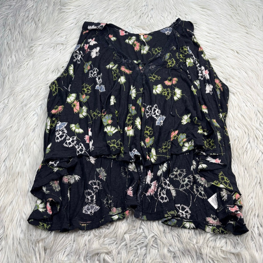 Free People M Black Floral Love Potion Tank Top Open Back Boho Festival Summer